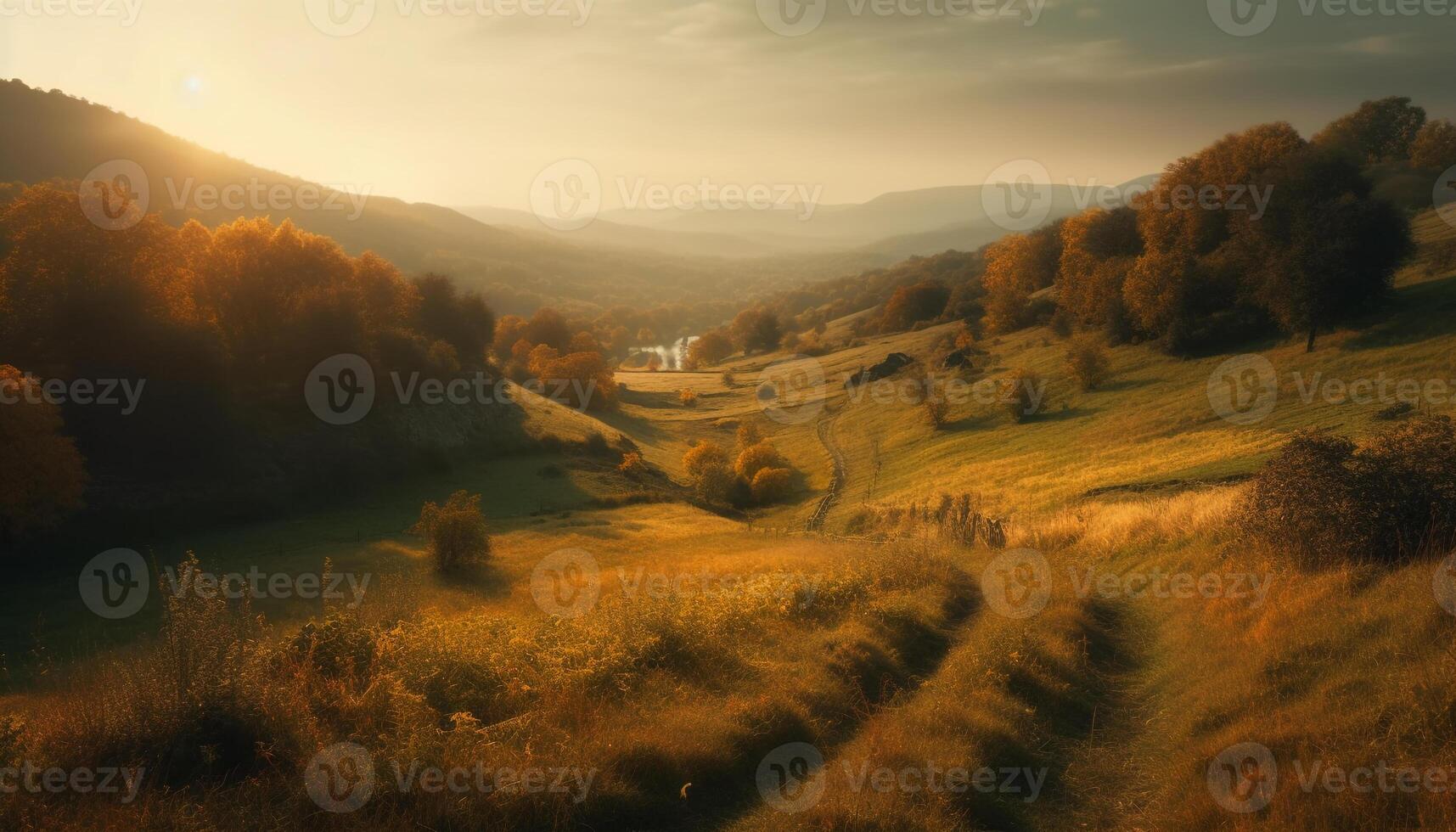 Mountain peak reflects multi colored sunset over meadow generated by AI photo