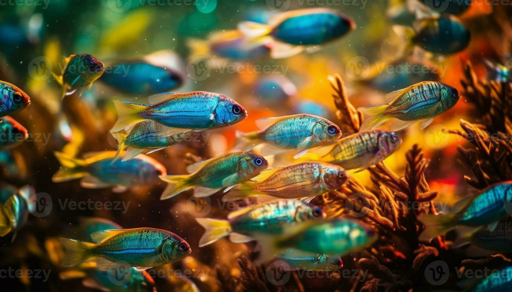 School of multi colored fish swim in reef generated by AI photo