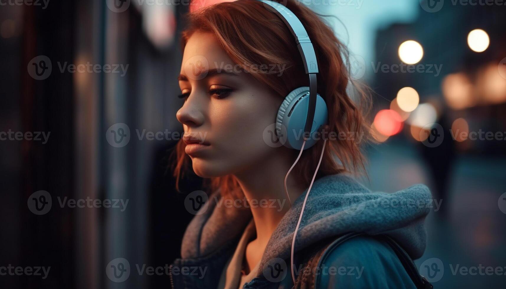 joven mujer disfrutando música al aire libre con auriculares generado por ai foto