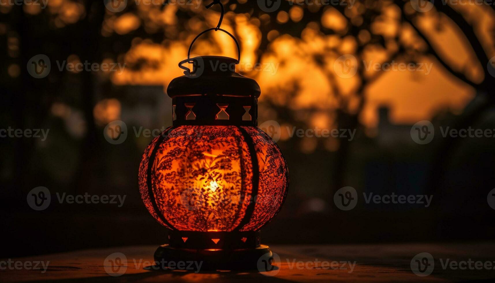 Antique lantern glowing in dark autumn night generated by AI photo