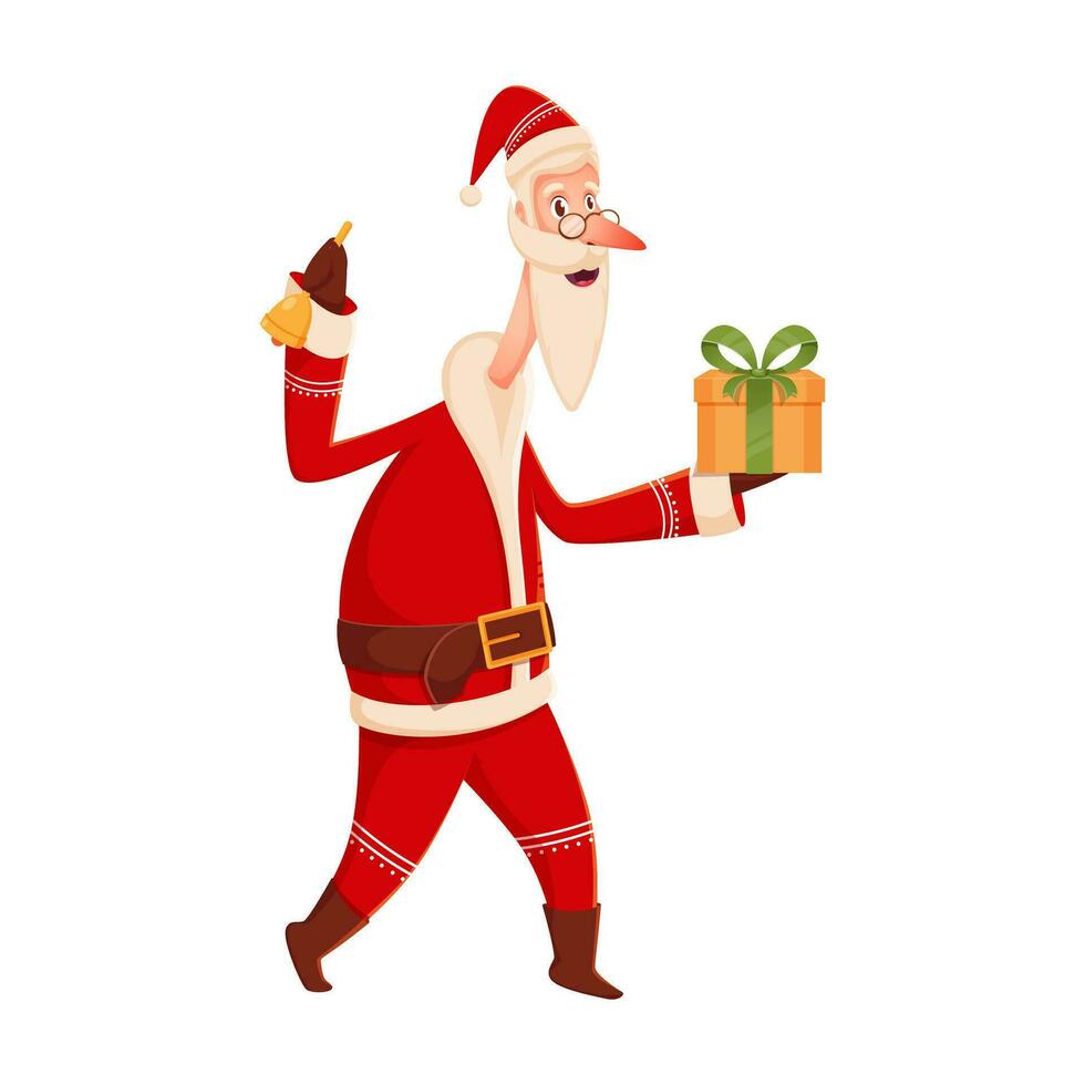 Cartoon Santa Claus Holding Gift Box with Bell in Walk Pose. vector