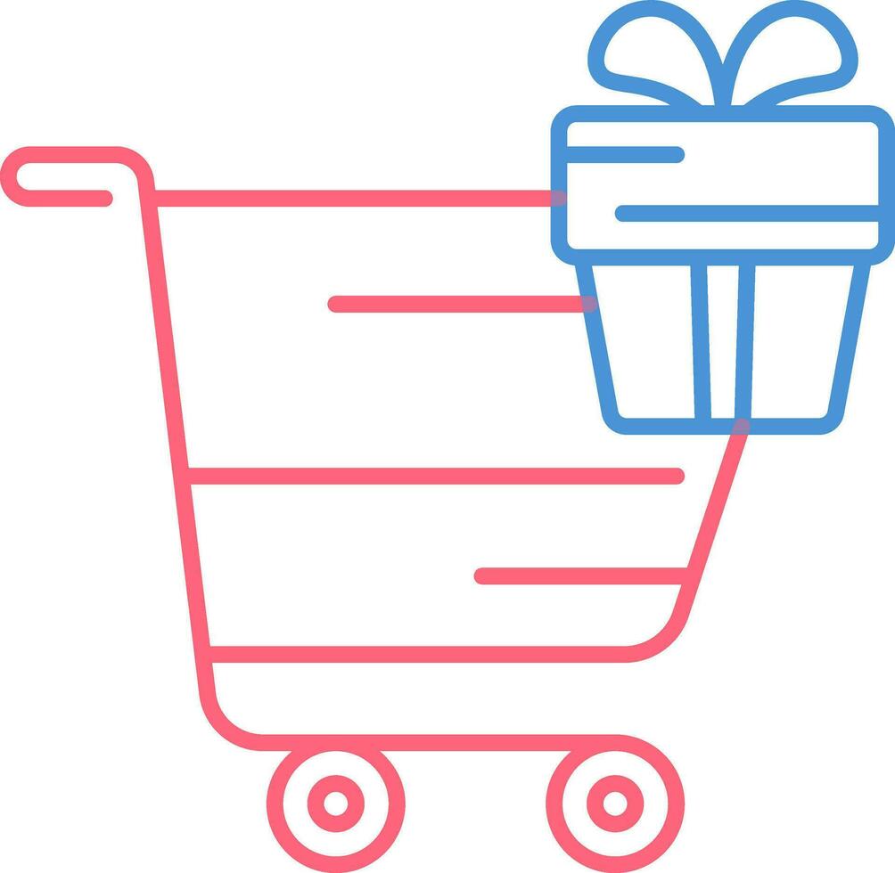 Shopping Cart with Gift Box icon in Red and Blue Thin Line Art. vector
