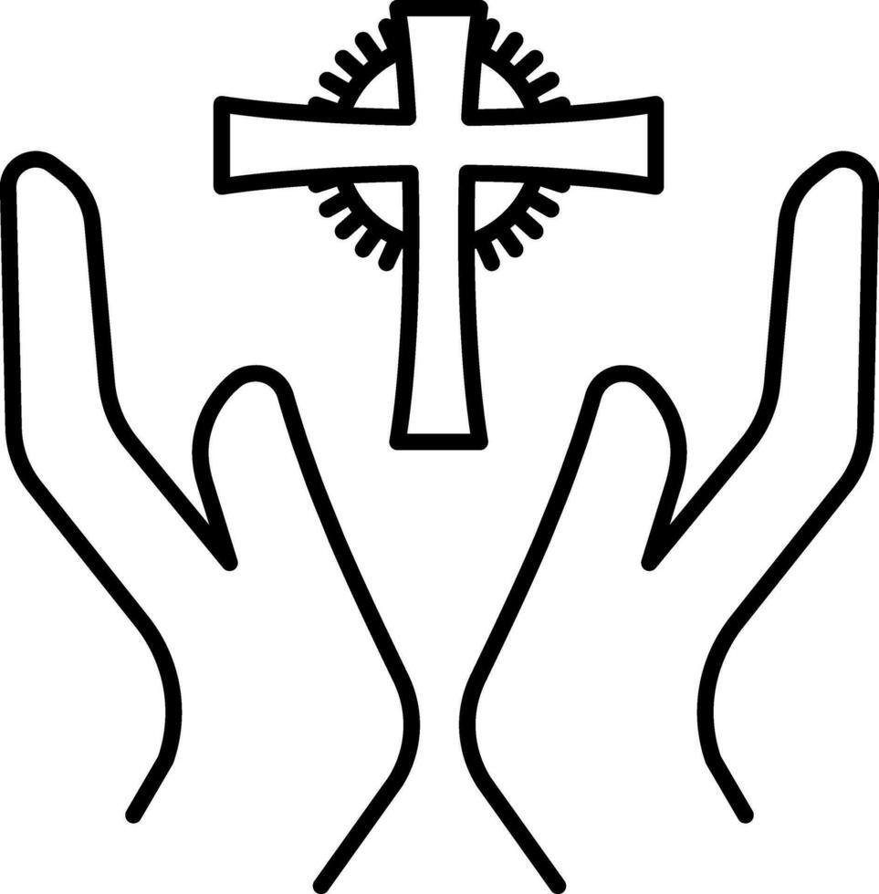 Hands With Christianity Cross Icon In Flat Style. vector