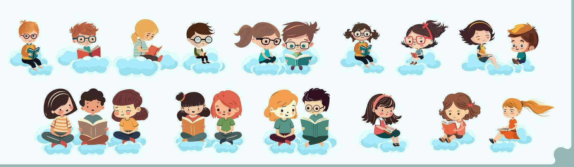 Set of Kids Sitting On Cloud And Reading Book. vector