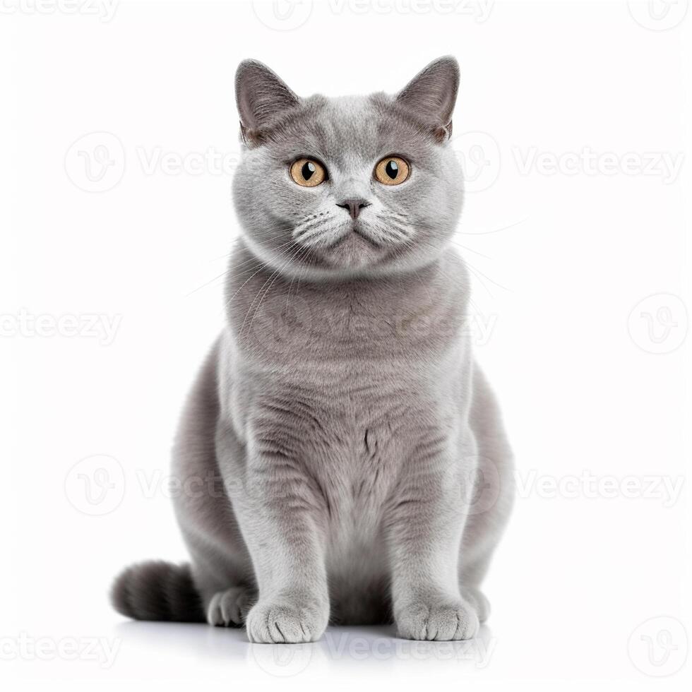 A cute and beautiful British Shorthair cat with curious eyes sits on the floor. Lovely portrait of the domestic pet isolated on white background. Adorable feline animal. Image by . photo