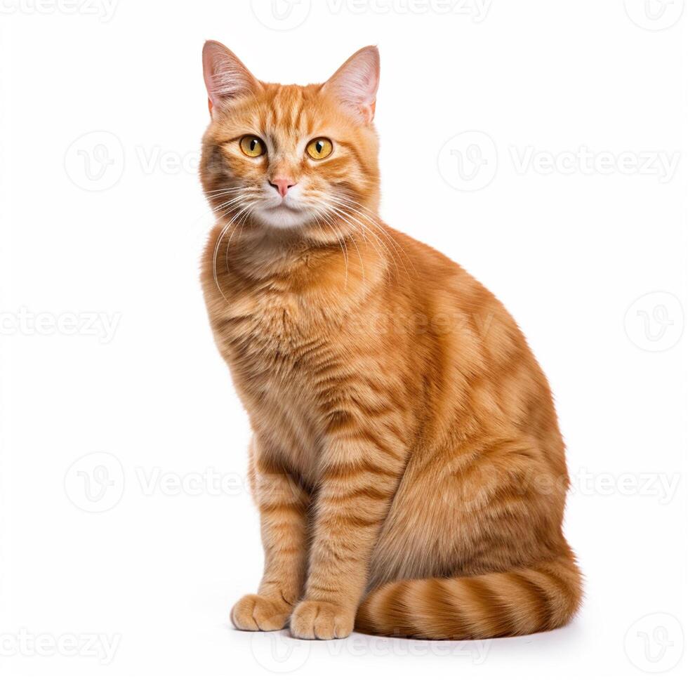 A cute and beautiful orange tabby cat with curious eyes sits on the floor. Lovely portrait of the domestic pet isolated on white background. Adorable feline animal. Image by . photo