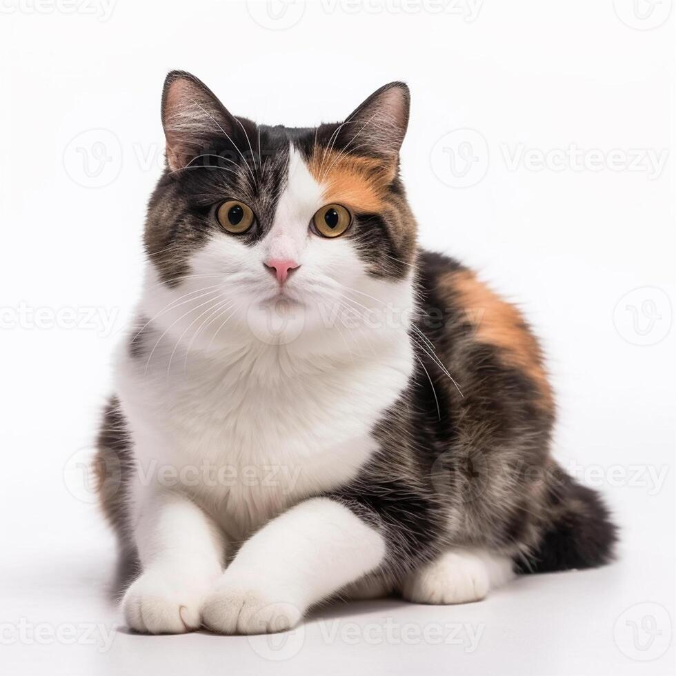 A cute and beautiful calico cat with curious eyes lying down on the floor. Lovely portrait of the domestic pet isolated on white background. Adorable feline animal. Image by . photo