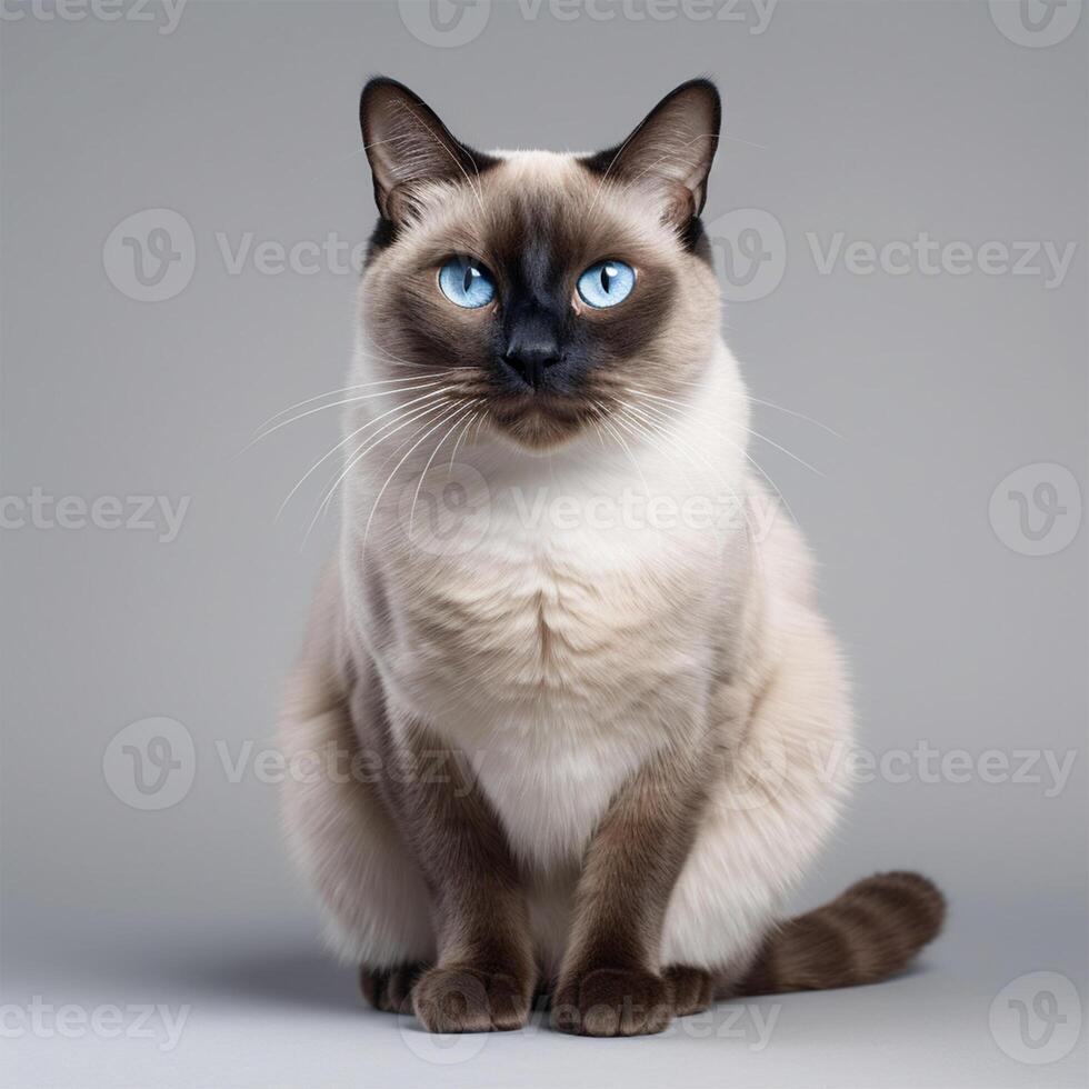 A cute and beautiful Siamese cat with curious blue eyes sits on the floor. Lovely portrait of the domestic pet isolated on gray background. Adorable feline animal. Image by . photo