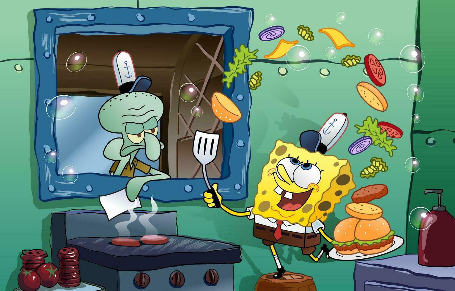 Sponge Chef Making a Burger Concept vector