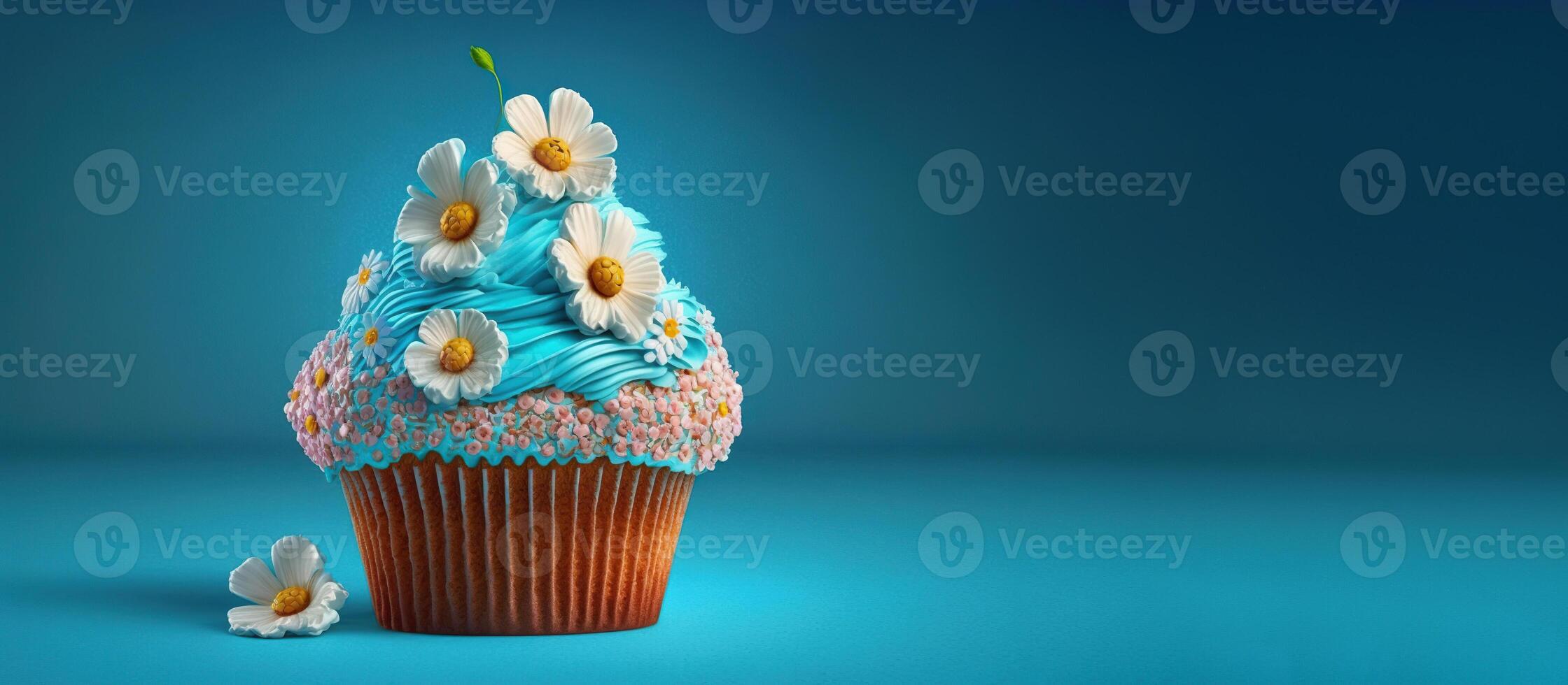 Spring Holiday cupcakes with flowers and sprinkles for a party. . A place for your text. Blue background. photo