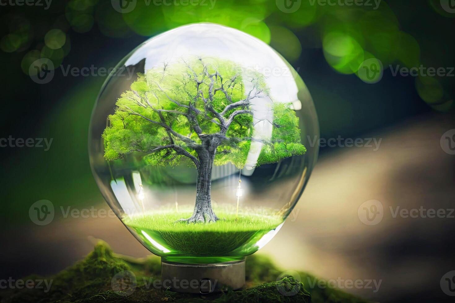 . An electric light bulb and a tree inside it. On a green grass background. Earth Day. Sunlight in nature. energy saving concept photo