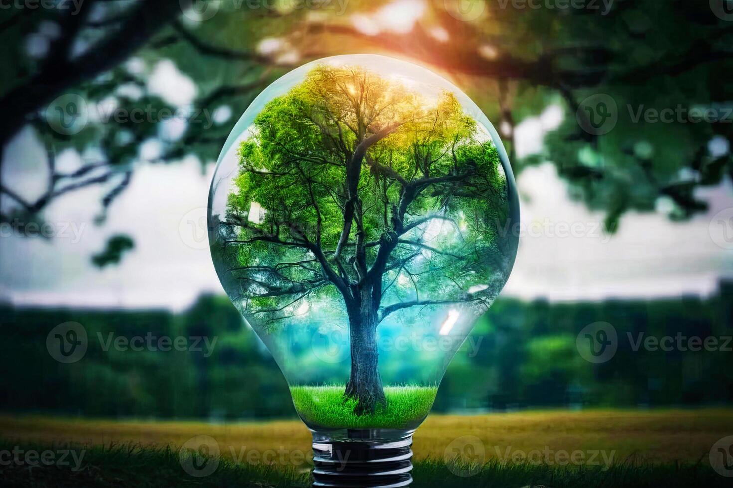 An electric light bulb on the green grass and a tree inside it. . Sunlight in nature. energy saving concept photo