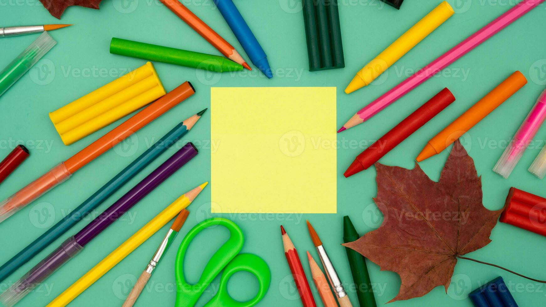 Back to school soon. buying stationery, flatley, a place to copy your text or advertising on a bright sticker. Bright background. photo