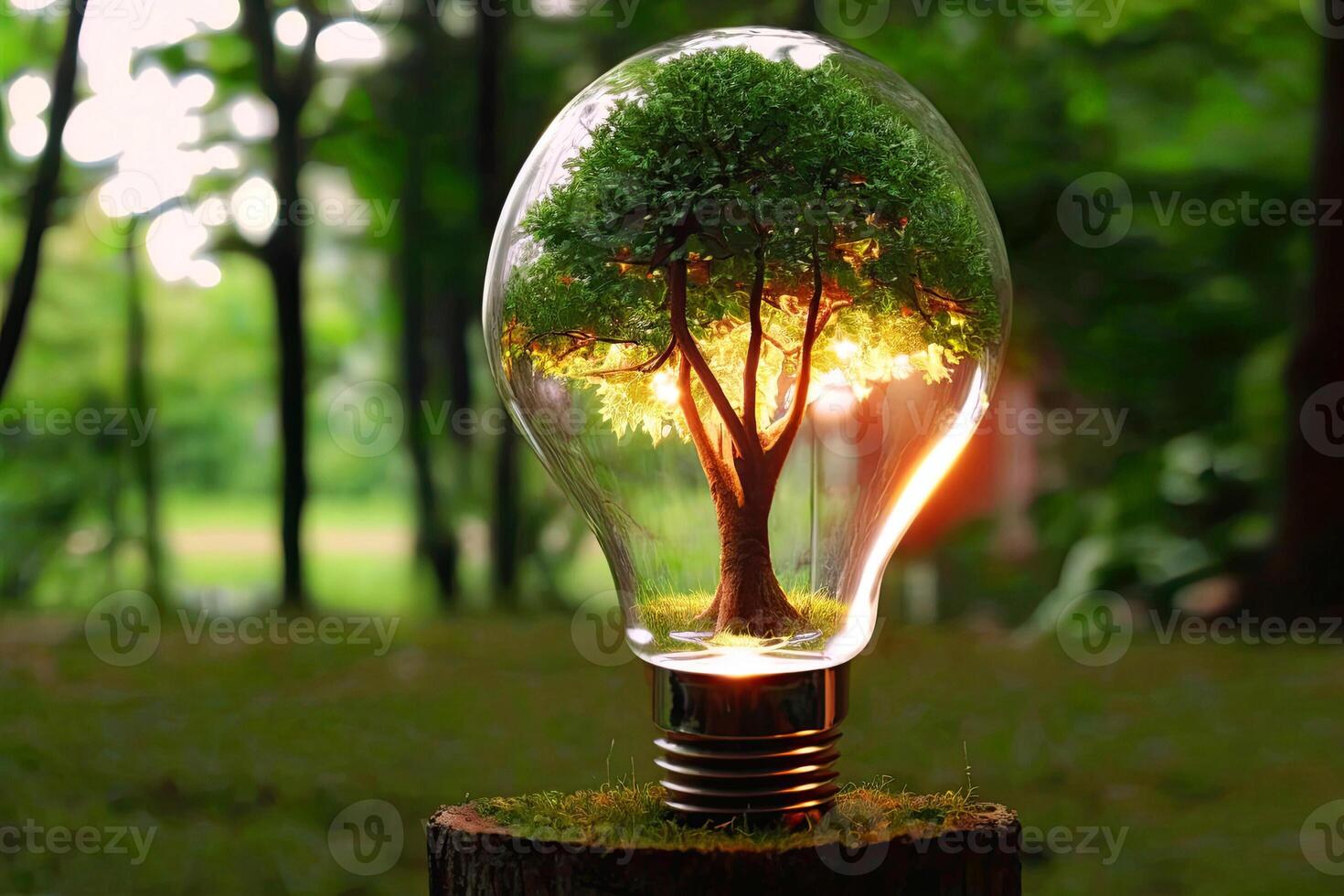 . An electric light bulb on the green grass and a tree inside it. Earth Day. Sunlight in nature. energy saving concept photo