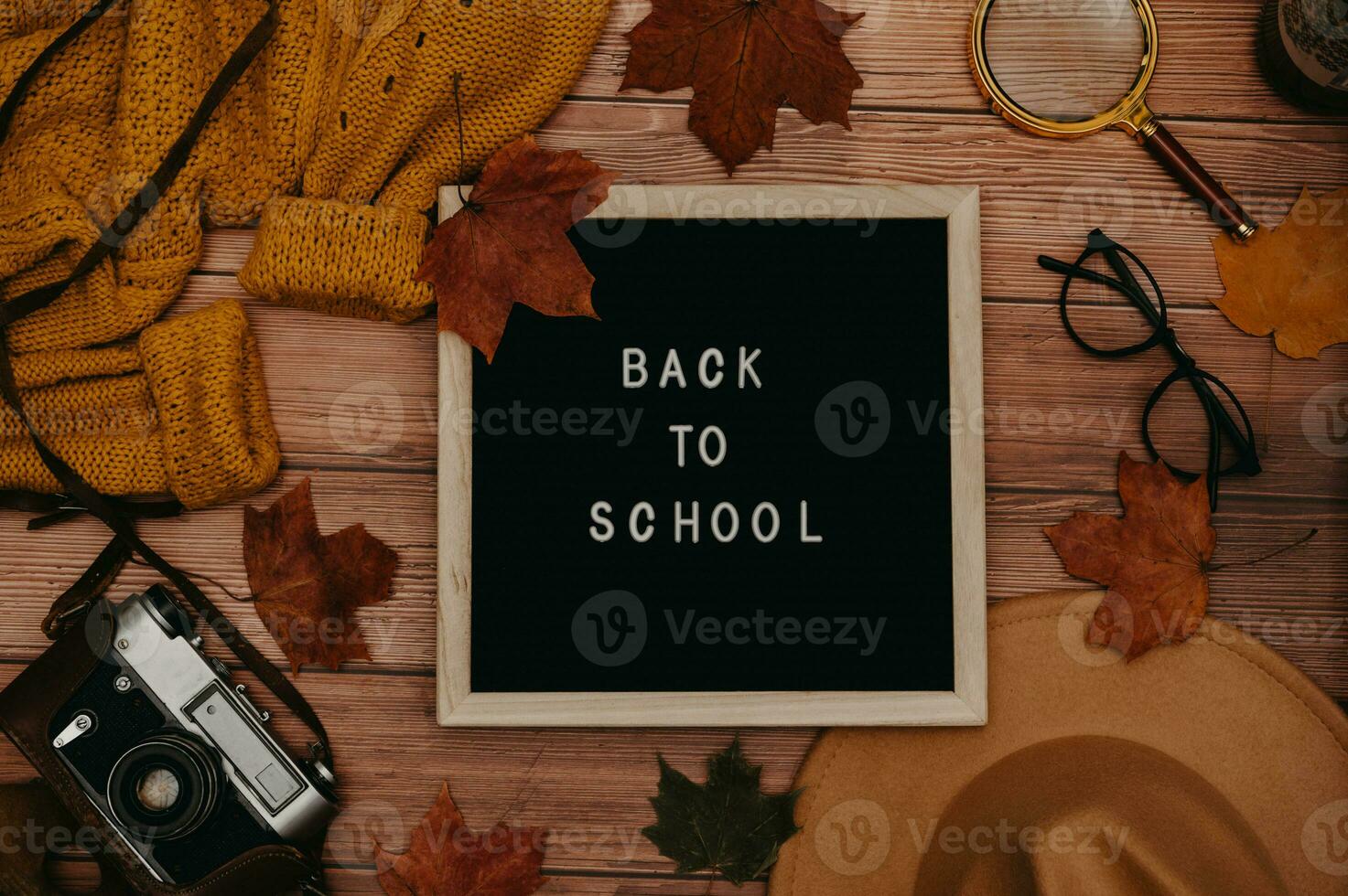 Autumn accessories, flatlay. Hat, sweater, leaves maple,wooden letter board with text Back to school, glasses, retro camera. photo