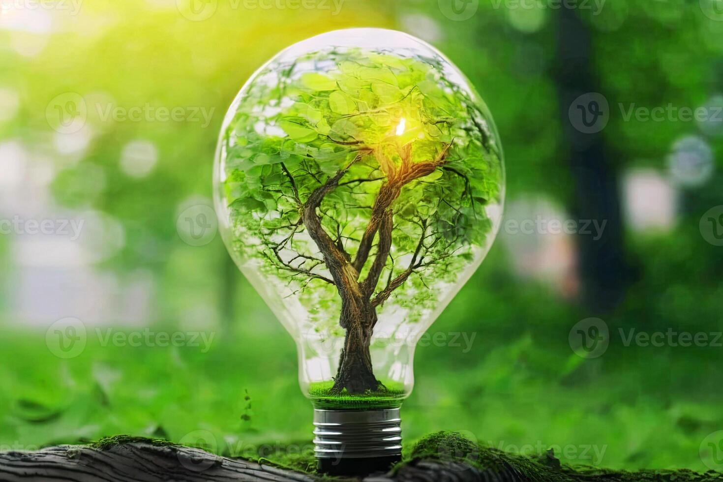 generativo ai. un eléctrico ligero bulbo en el verde césped y un árbol dentro él. tierra día. luz de sol en naturaleza. energía ahorro concepto foto