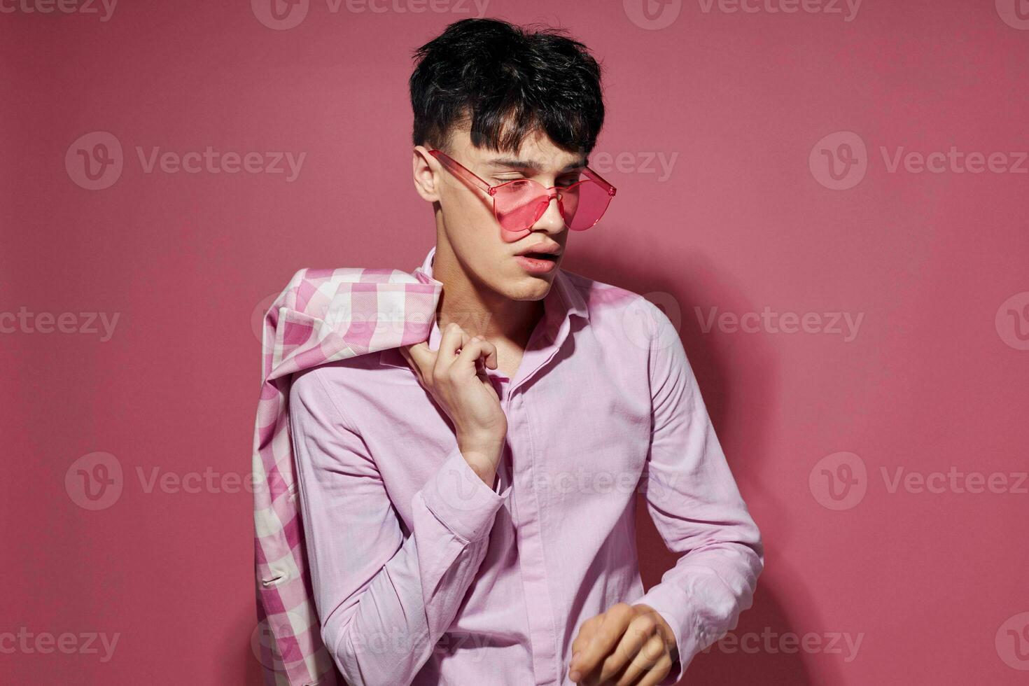 Photo of romantic young boyfriend pink shirt and glasses jacket fashion elegant style Lifestyle unaltered