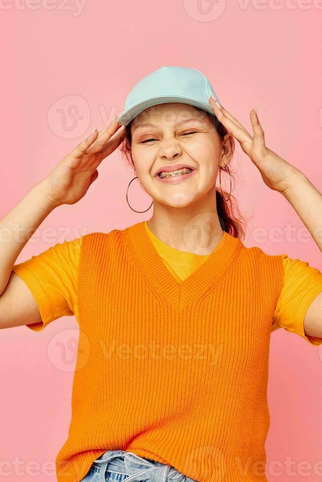 cheerful woman in blue caps fashion posing emotions cropped view unaltered photo