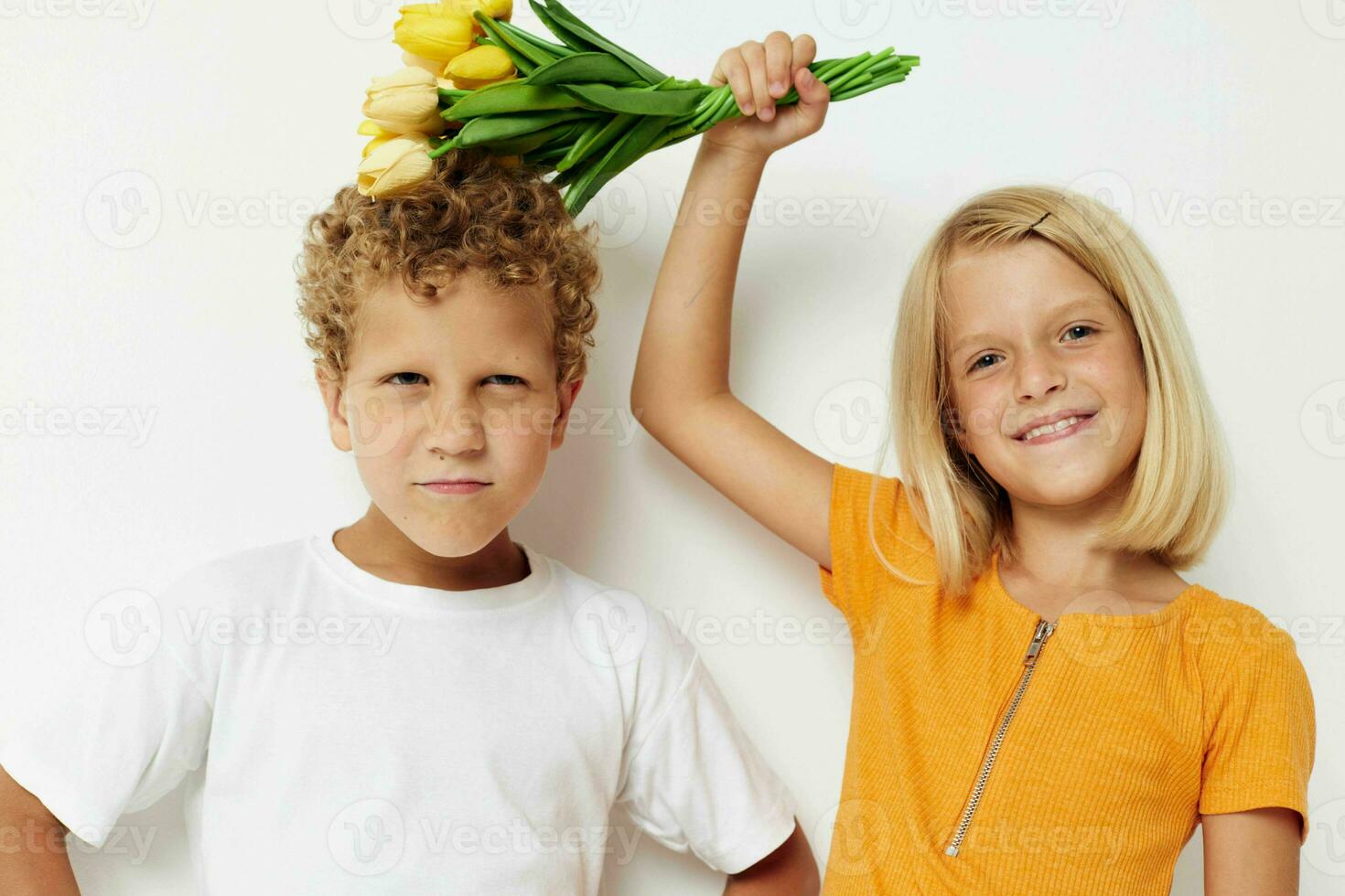 Small children with a bouquet of flowers gift birthday holiday childhood lifestyle unaltered photo