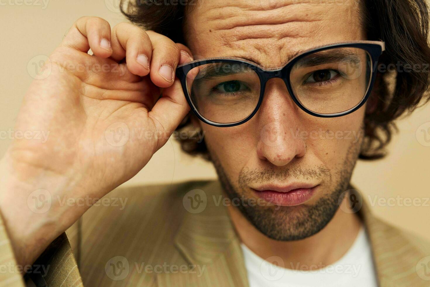 handsome man with glasses emotions gesture hands posing isolated background photo