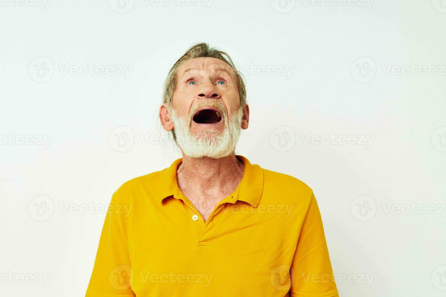 Portrait of happy senior man with a gray beard emotion gestures hands monochrome shot photo