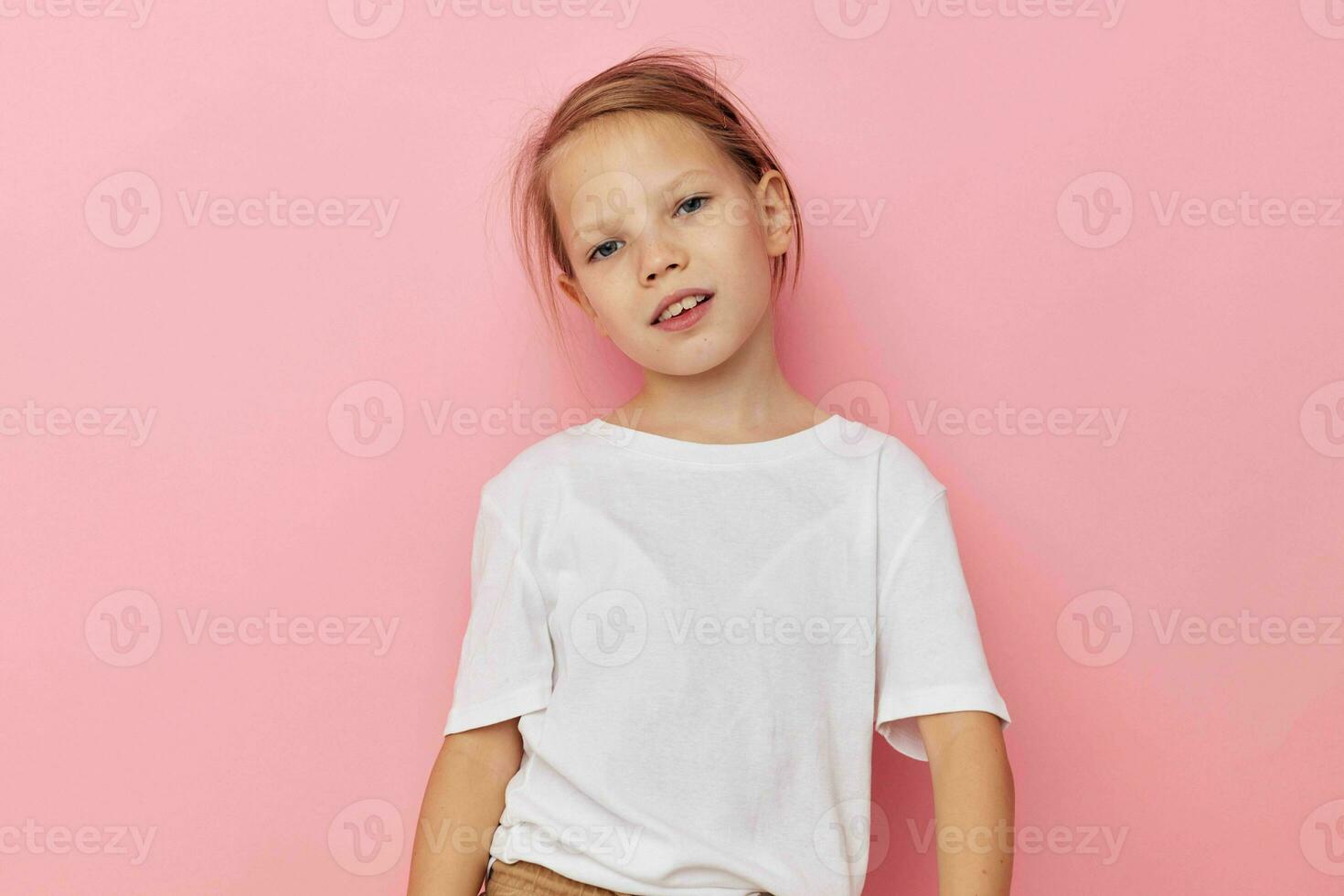 Portrait of happy smiling child girl emotion hands gesture childhood unaltered photo