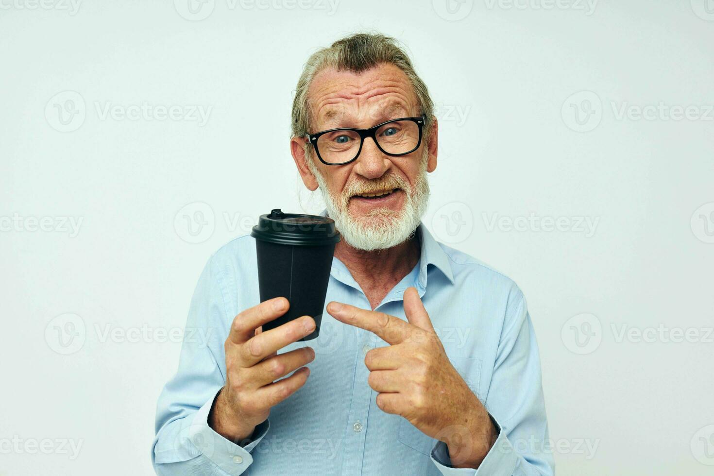 Portrait elderly man with glasses and shirts disposable glass isolated background photo
