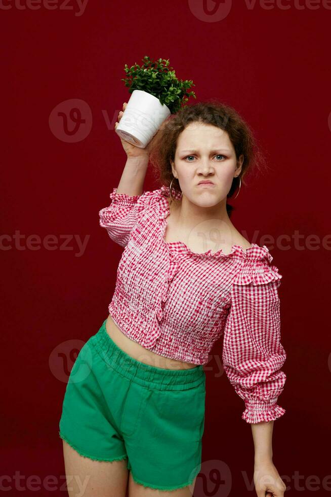 women in green shorts and pink blouses flower pot home unaltered photo