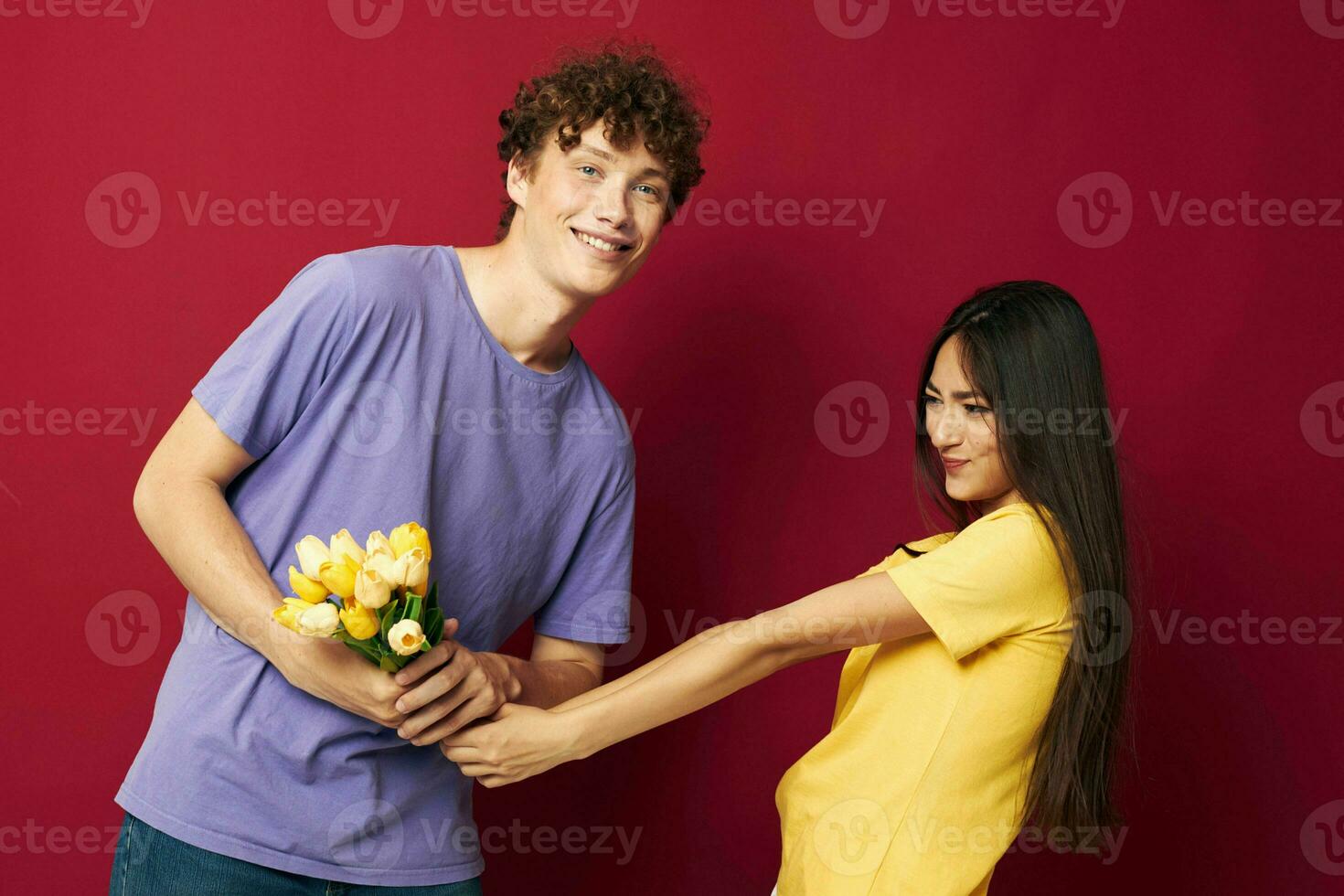 cute young couple a bouquet of yellow flowers based friendship isolated background unaltered photo