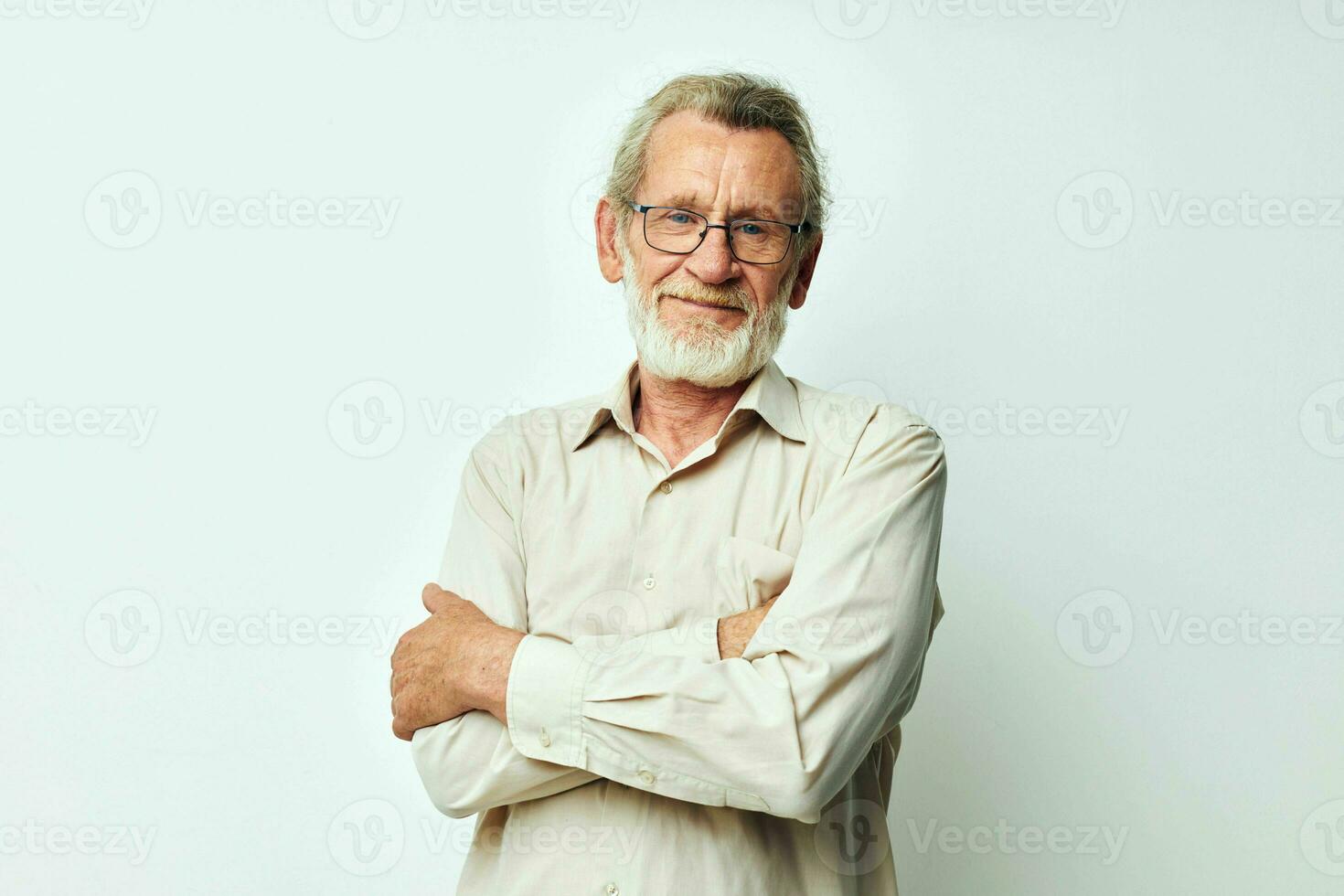 elderly man smile emotion hand gesture light background photo