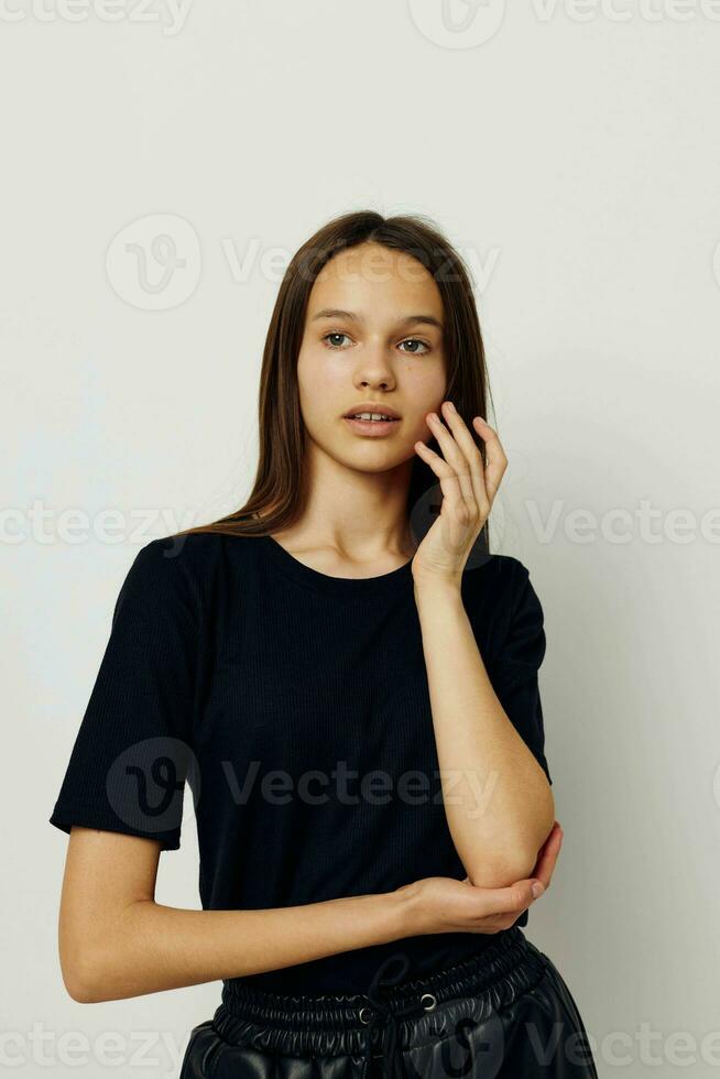 athletic woman long hair black t-shirt emotion fitness training photo