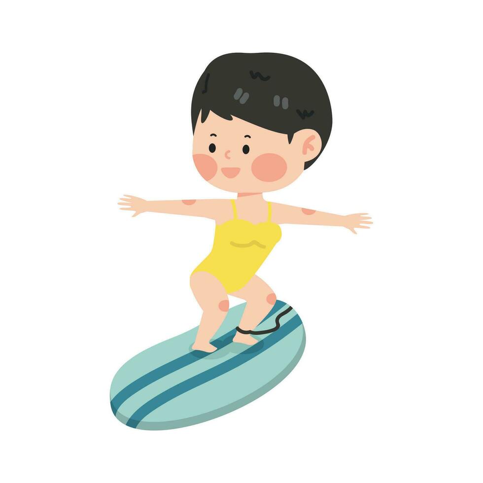 Cute kid girl riding with surfboard vector