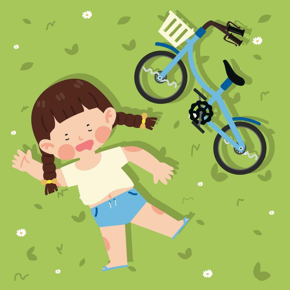 Top view of Kid girl lying on the grass with bicycle vector
