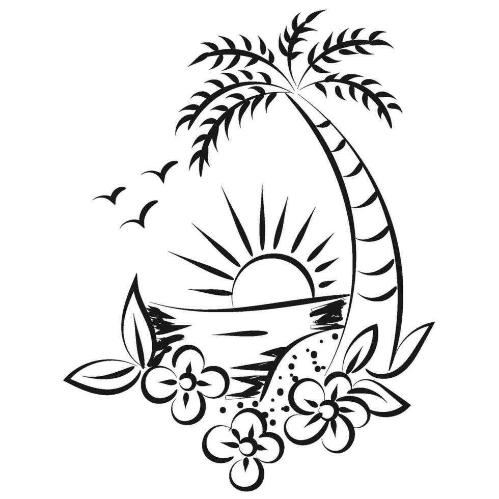 Beach scenery line illustration. Palm tree line drawing for print or use as poster, card, flyer or T Shirt vector