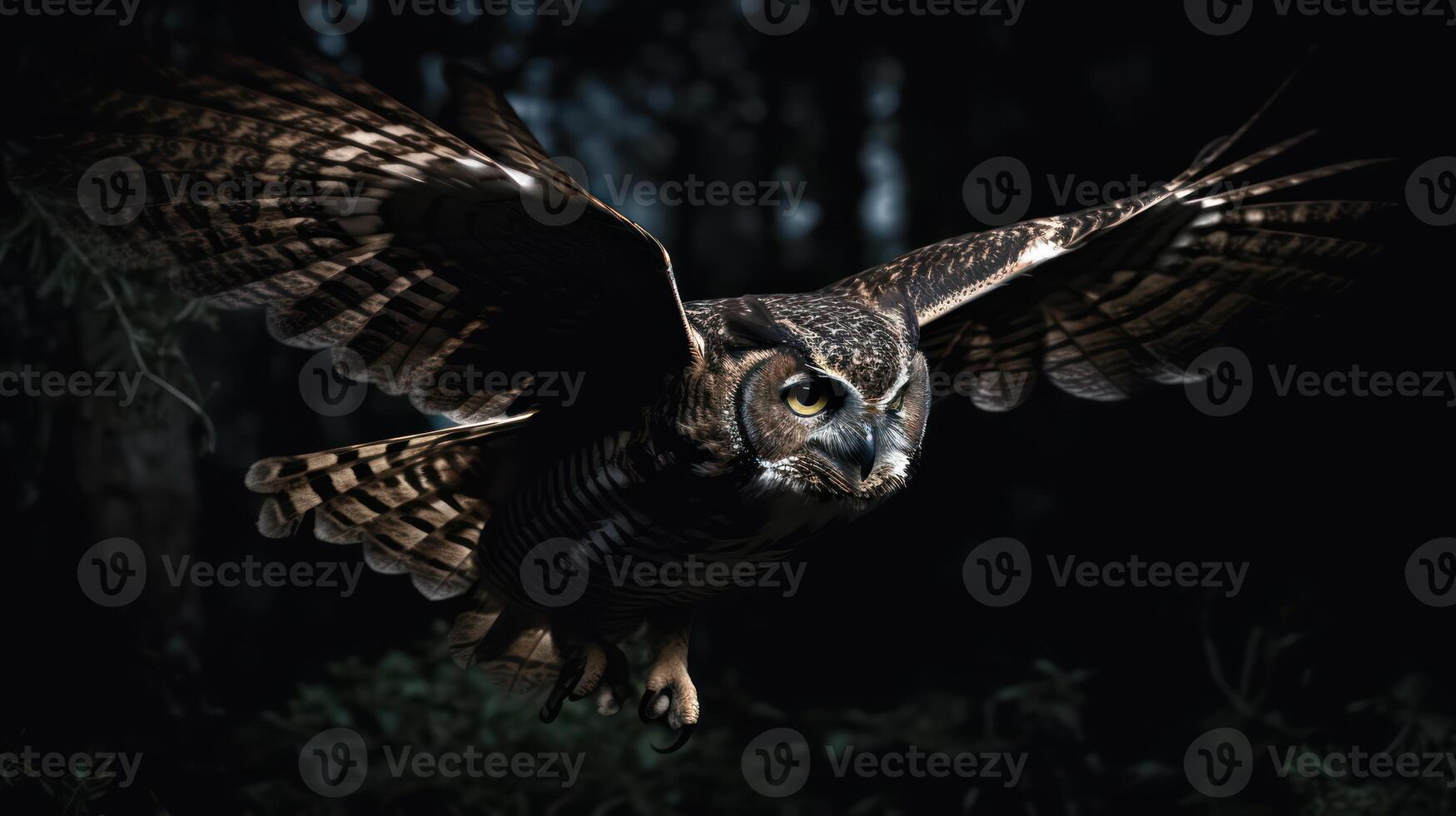 Round eyes and a curved beak, an owl is about to fly in the sky. It has a focused and angry expression on its face, as it searches for its prey. It spreads its wings wide shows its power photo