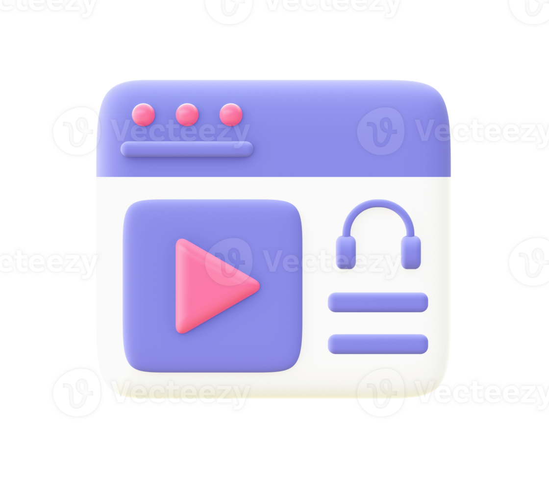 3d illustration icon of purple music video streaming for UI UX web mobile apps social media ads design png