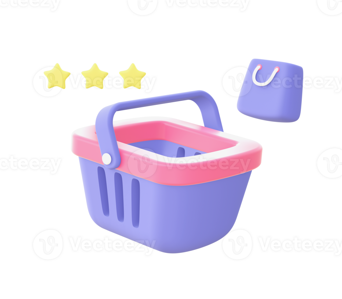3d illustration icon of purple Shopping basket with star for UI UX web mobile apps social media ads design png