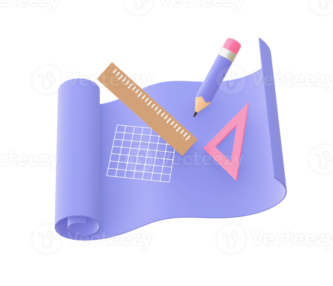 3d illustration icon of purple Planning with pencil and ruler for UI UX web mobile apps social media ads design png