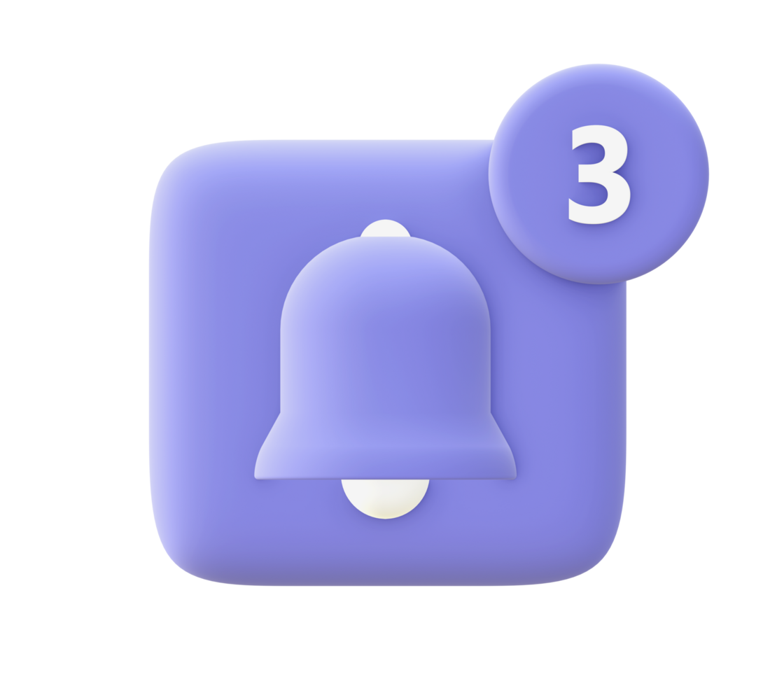 3d illustration icon of Simple purple Bell Notification for UI UX web mobile apps social media ads design png