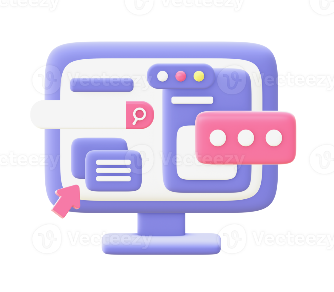 3d illustration icon of purple pc computer for UI UX web mobile apps social media ads design png