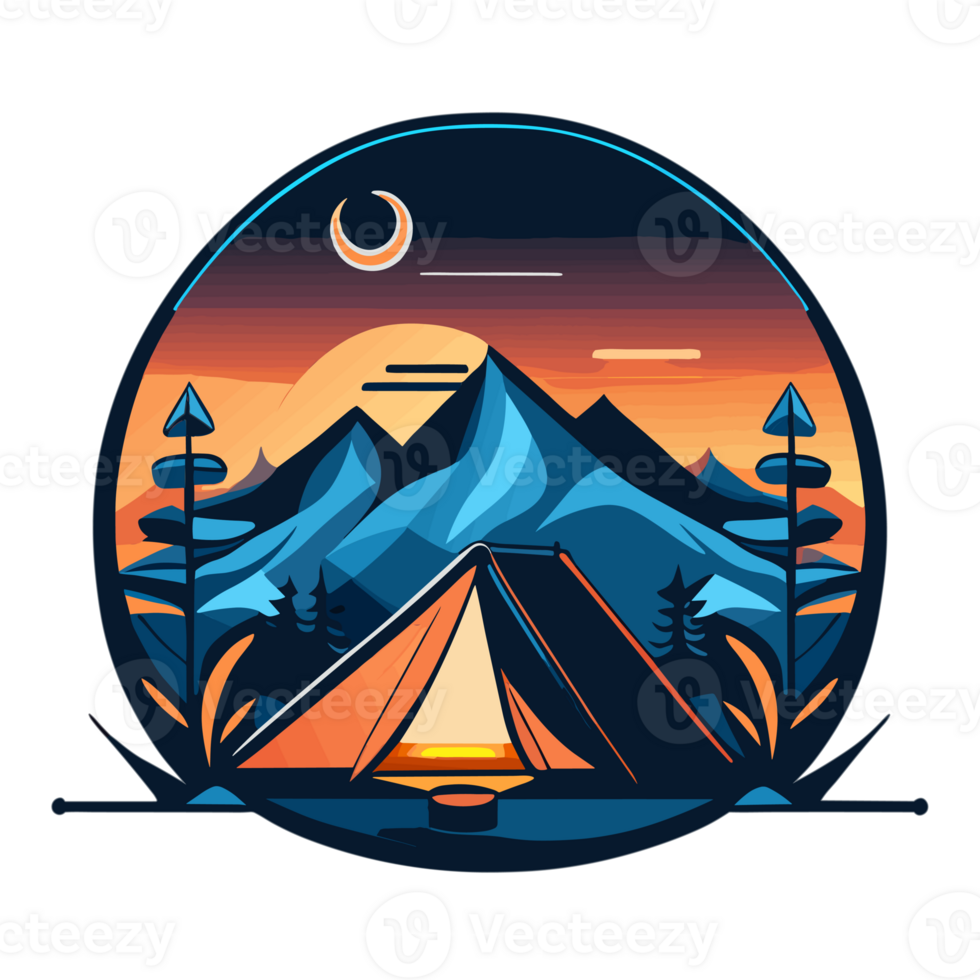 Mountain Camp. Tourist Tent and Bonfire on the Shore at Night. flat design. print design for t shirt. png