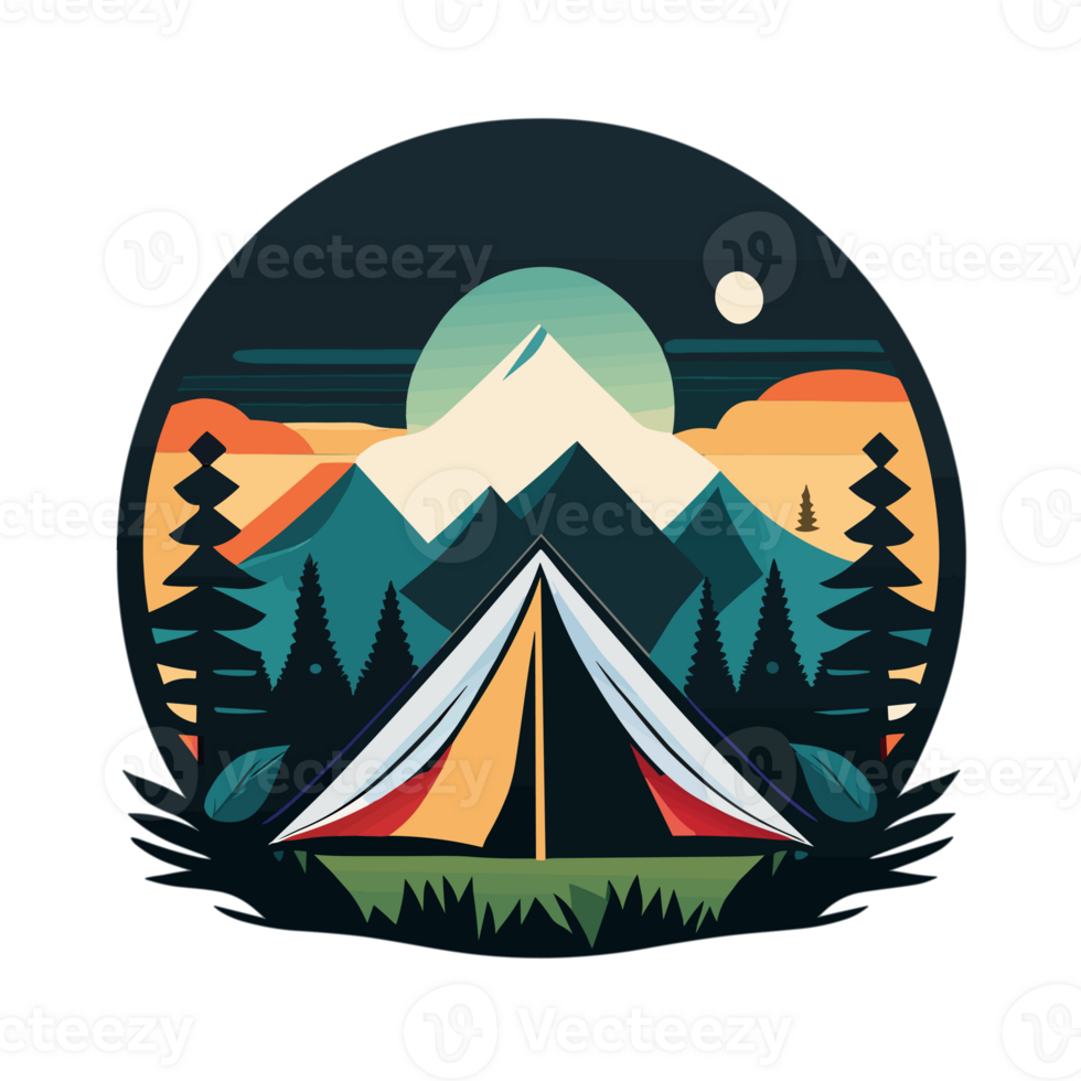 Mountain Camp. Tourist Tent and Bonfire on the Shore at Night. flat design. print design for t shirt. png