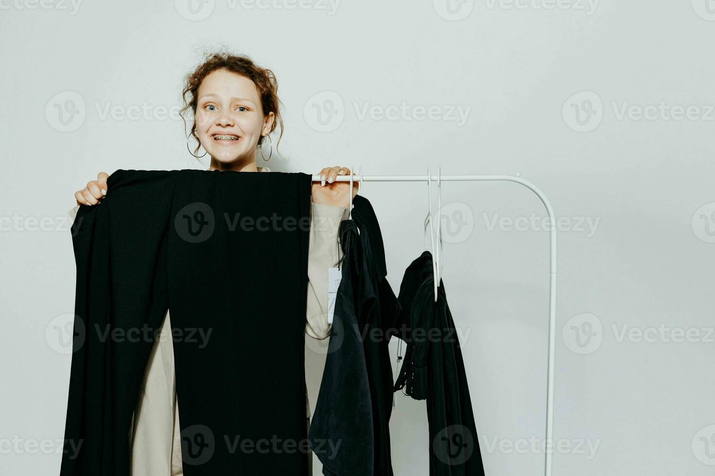 pretty woman Clothes fitting elegant style suit fashion studio isolated backgrounds unaltered photo