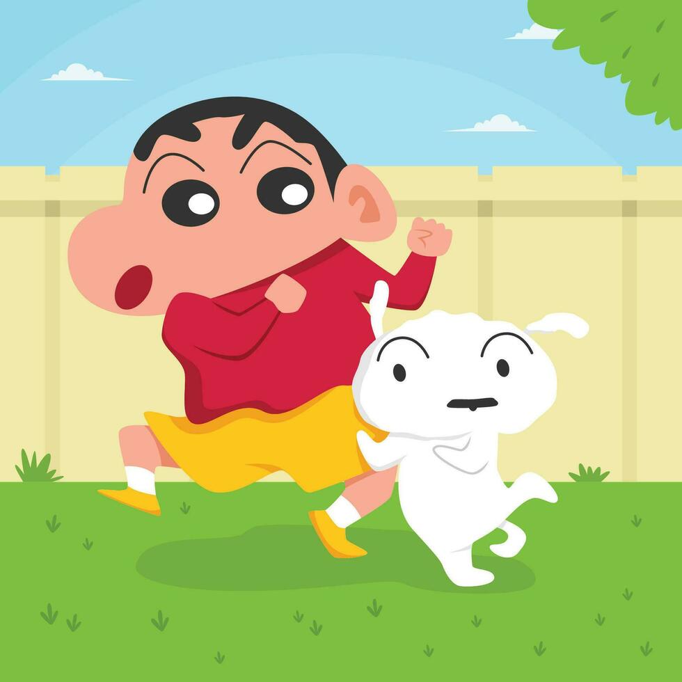 Cute Boy Dancing with His Dog on The Backyard vector