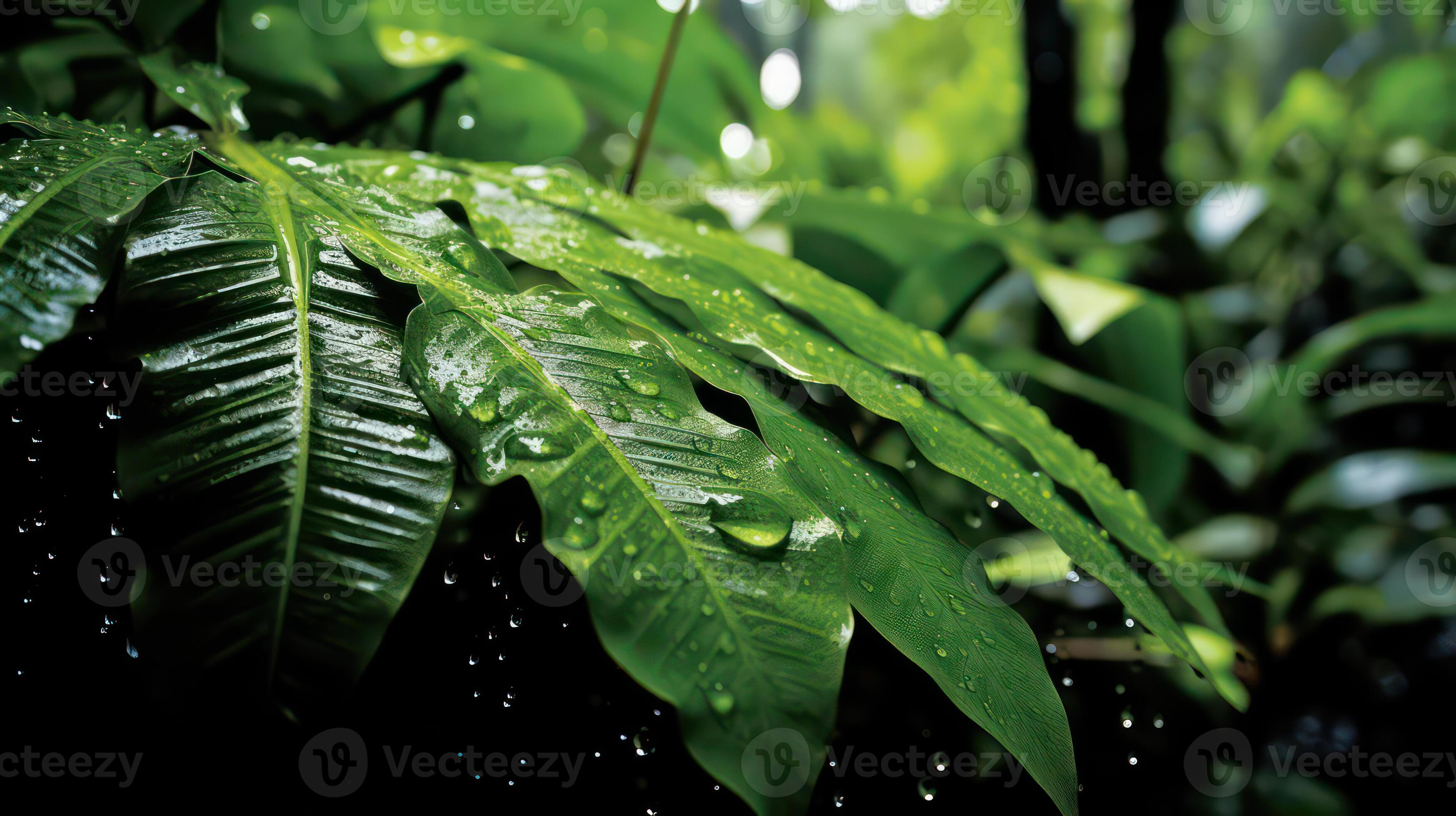 Vibrant Huge leaves shine with raindrops in the jungle. A relaxing and ...