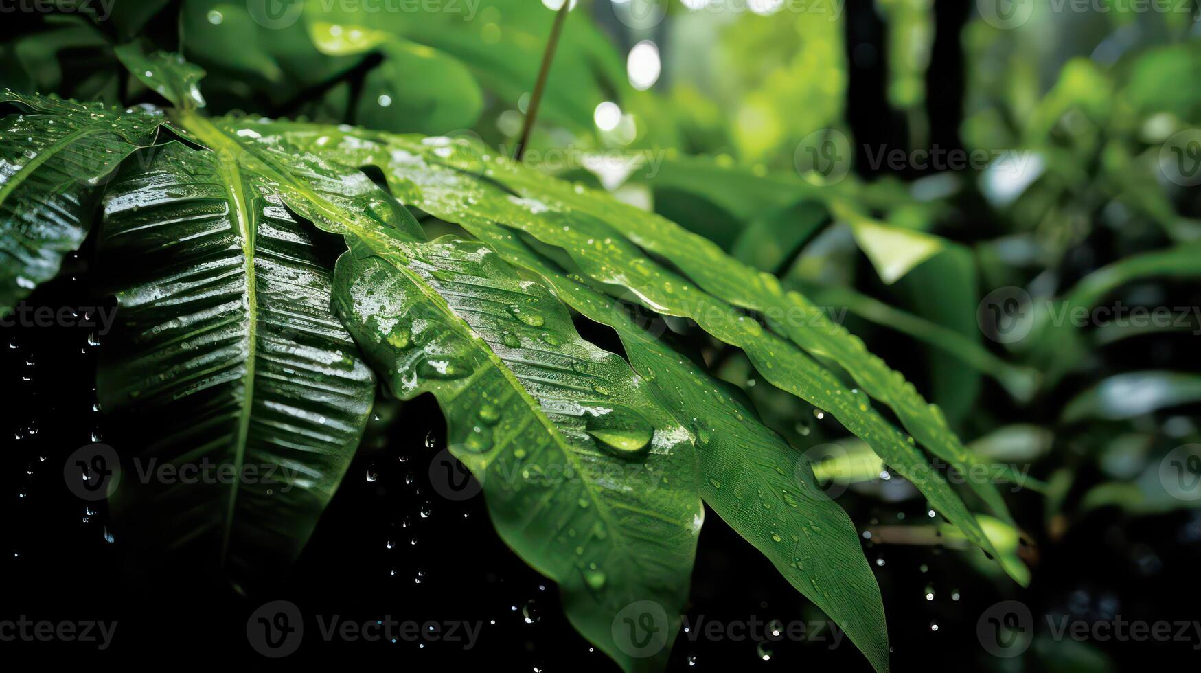 vibrante enorme hojas brillar con gotas de lluvia en el selva. un relajante y amable imagen ese muestra el preguntarse de naturaleza ai generativo foto