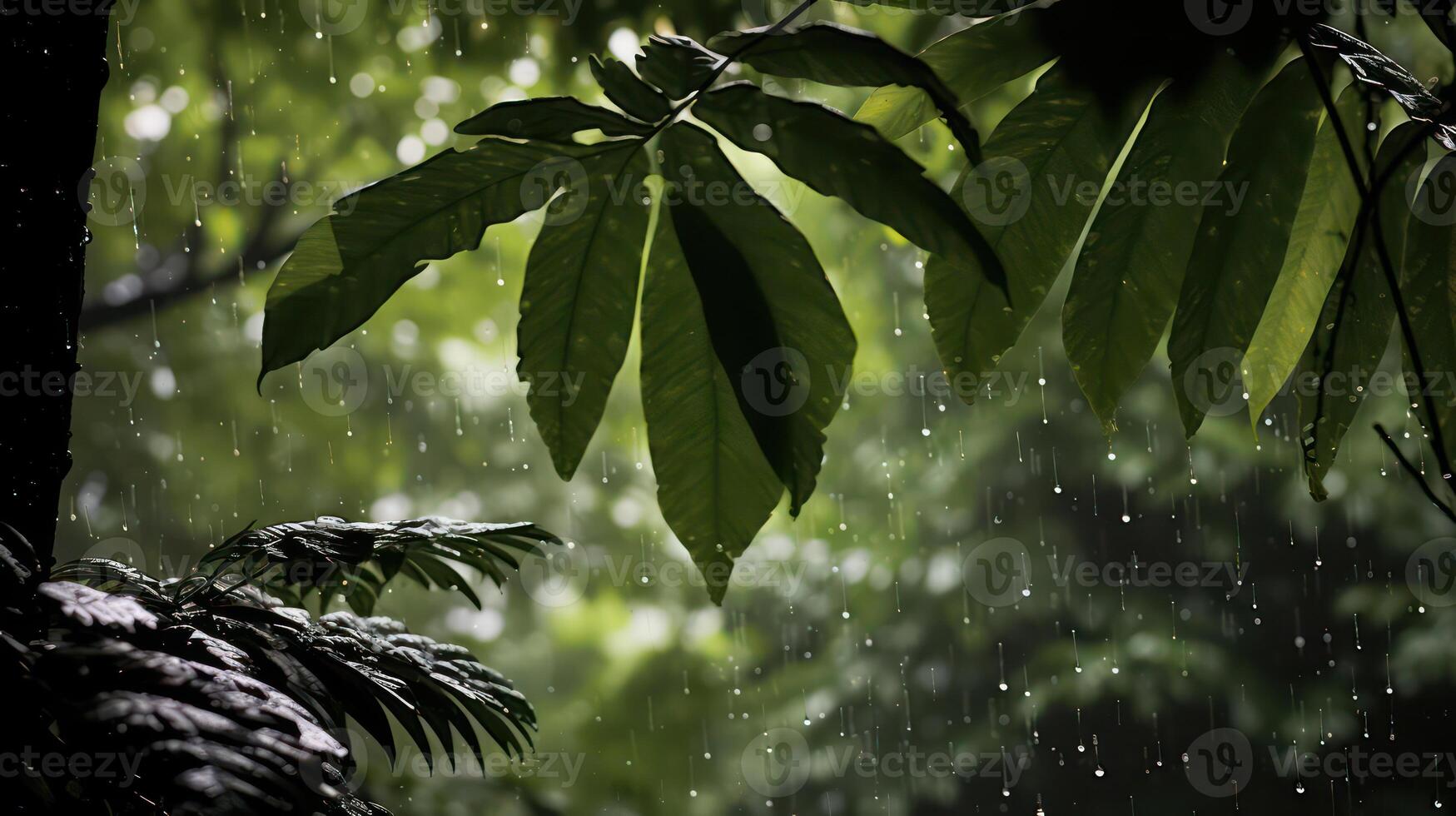 A close up of the heavy rain falling on the dense forest leaves, creating droplets and splashes on their smooth and shiny surfaces photo