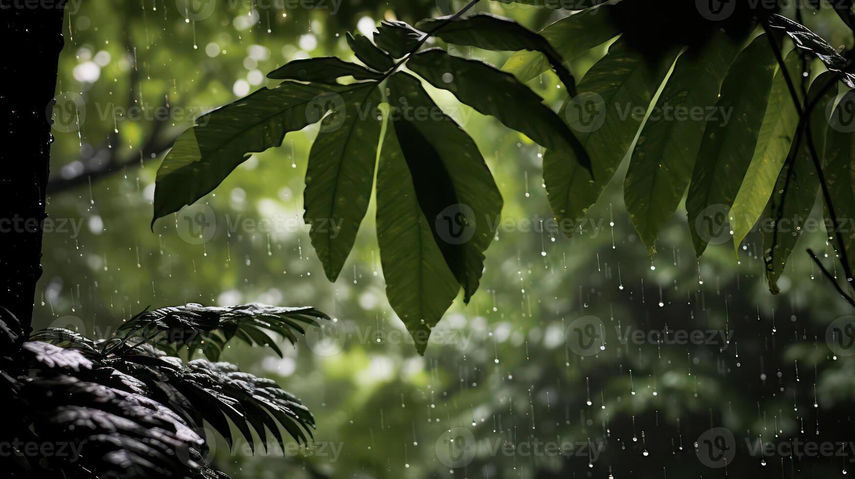 A close up of the heavy rain falling on the dense forest leaves, creating droplets and splashes on their smooth and shiny surfaces AI Generative photo