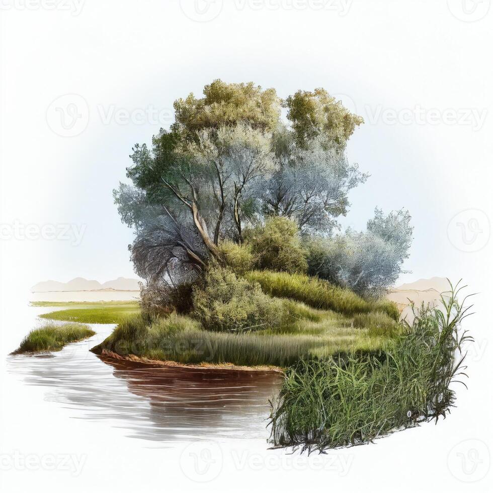 illustration of a meadow with a river. Beautiful tranquil scene photo