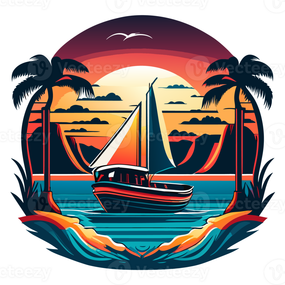 A boat on a trtopical beach at sunset and sun rise. for t-shirt and apparel design, typography, print.. png